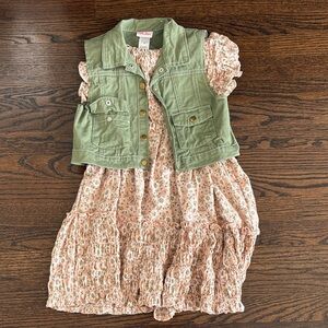 Pink Floral Dress with Green Vest
